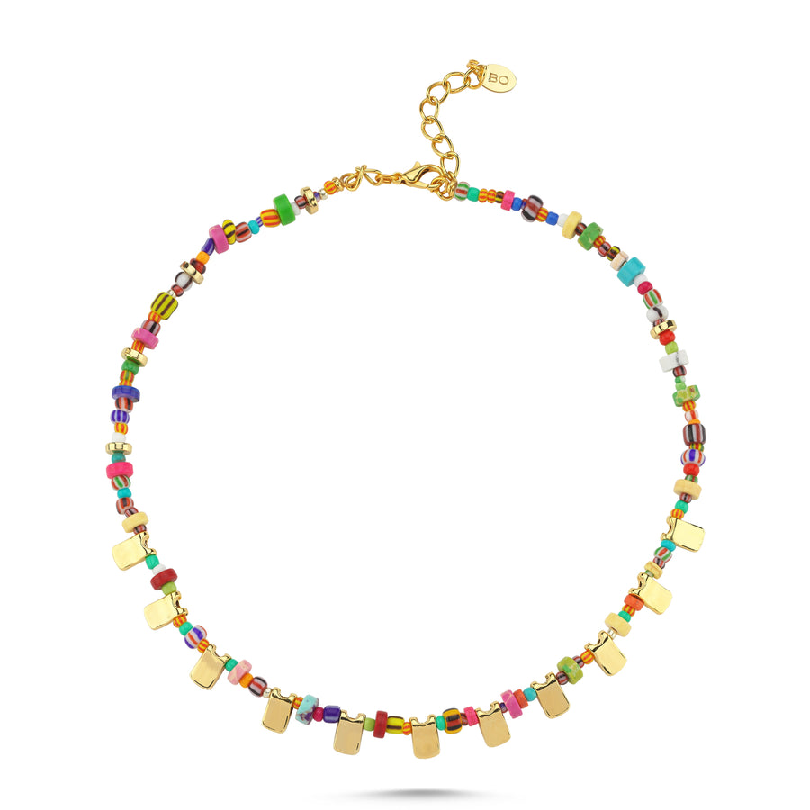 Rainbow Mini Beaded Gold Tab Necklace