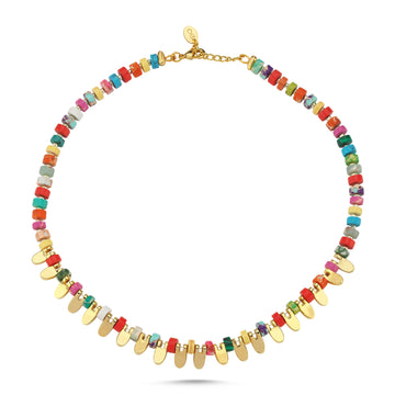 Full Rainbow Beaded Gold Tab Necklace