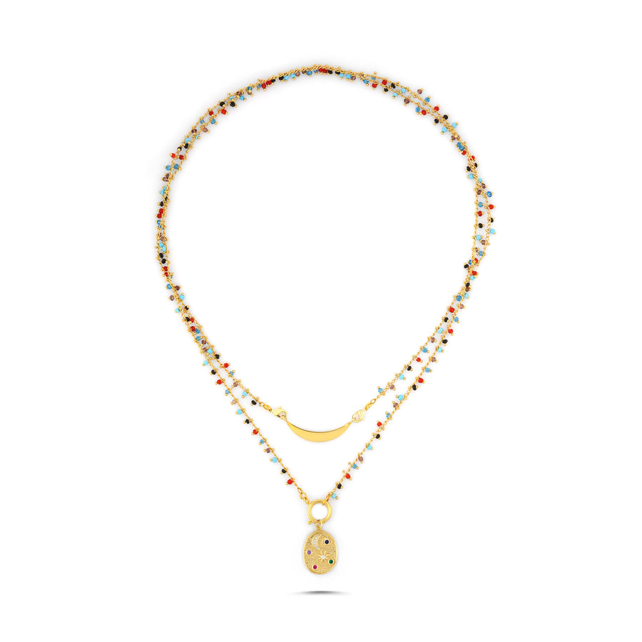 Rainbow Mini Beaded Wrap Necklace with Moon & Star Charms