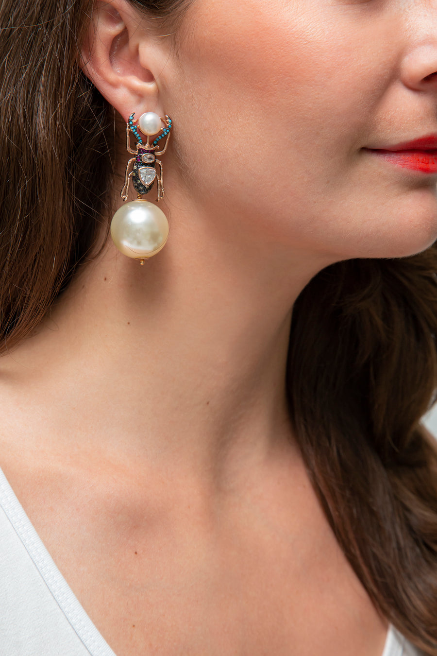 Multicolor Pearl Beetle Drop Earring with Mini White Ball