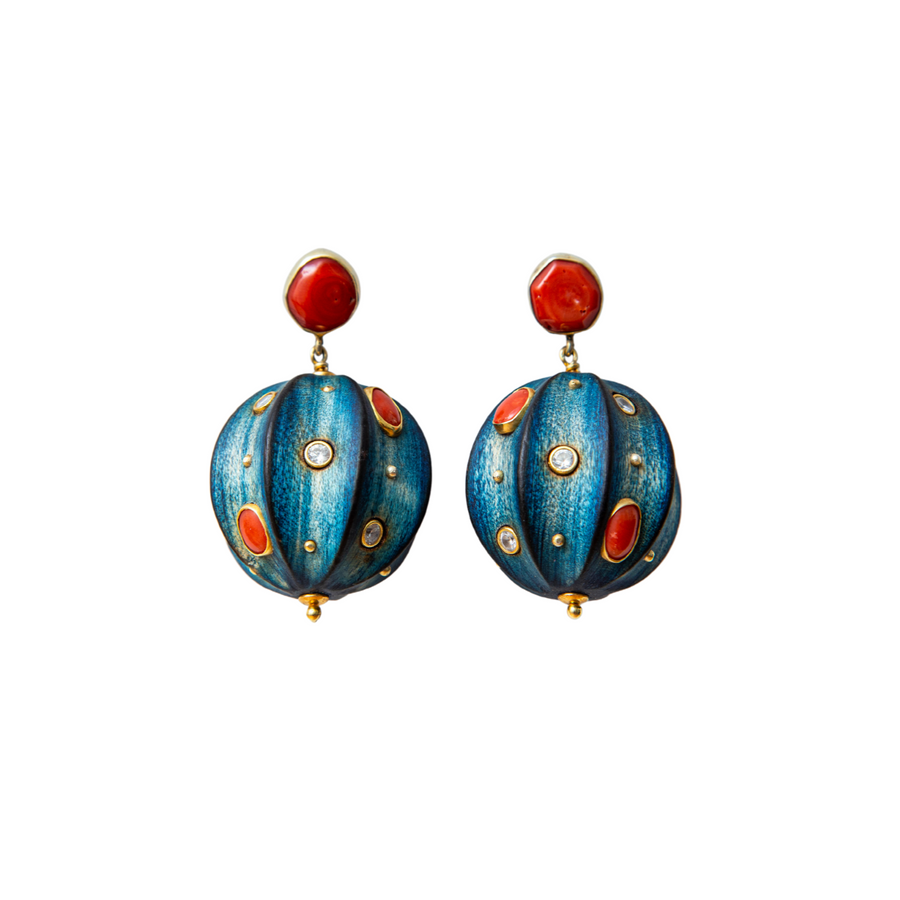 Round Coral and Blue Acacia Wood Earring