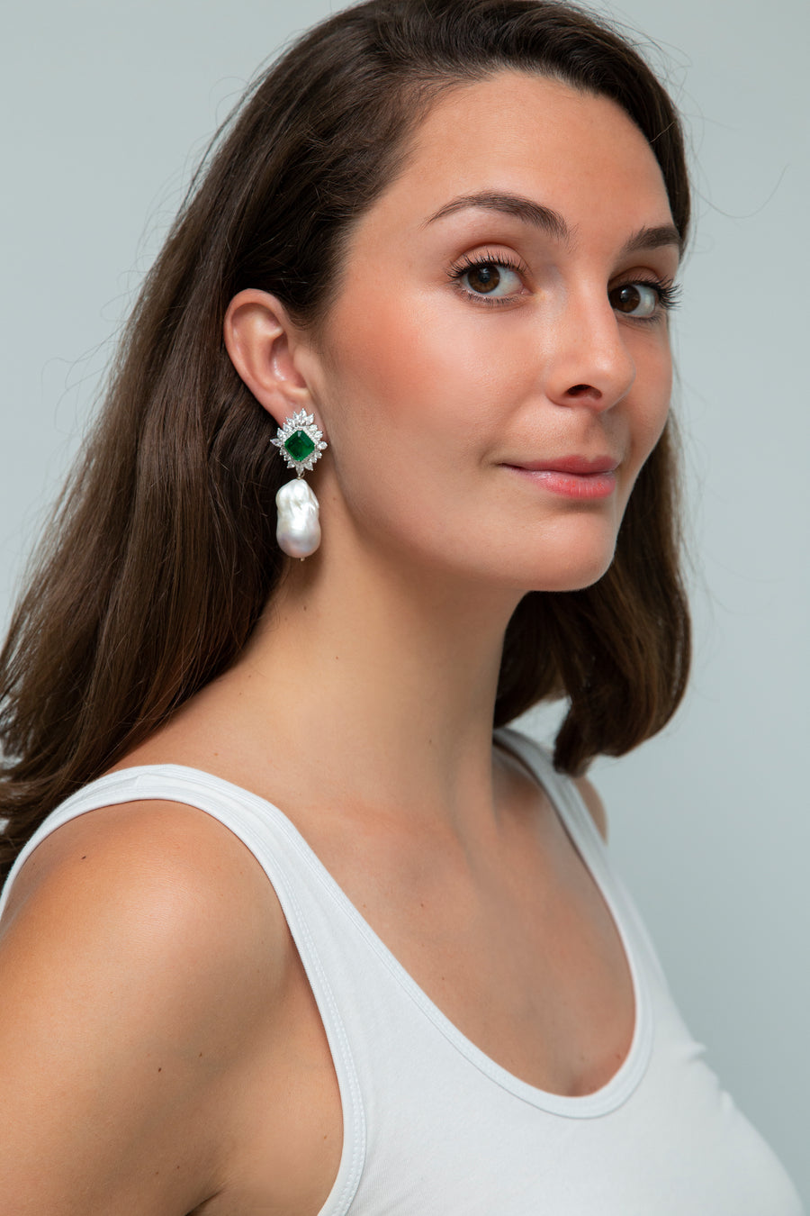 Sparkly Emerald Green Drop Earring with Baroque Pearl