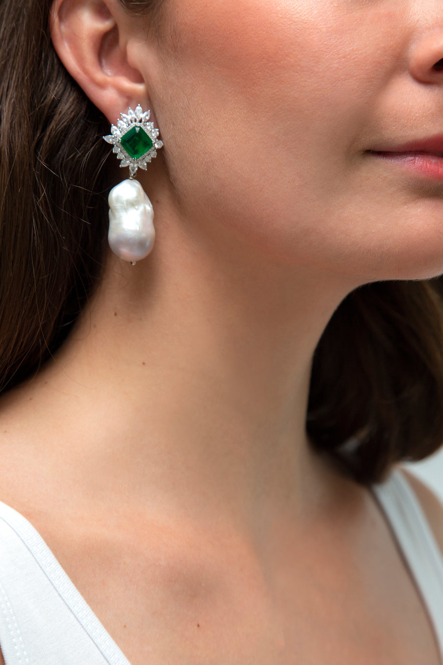 Sparkly Emerald Green Drop Earring with Baroque Pearl