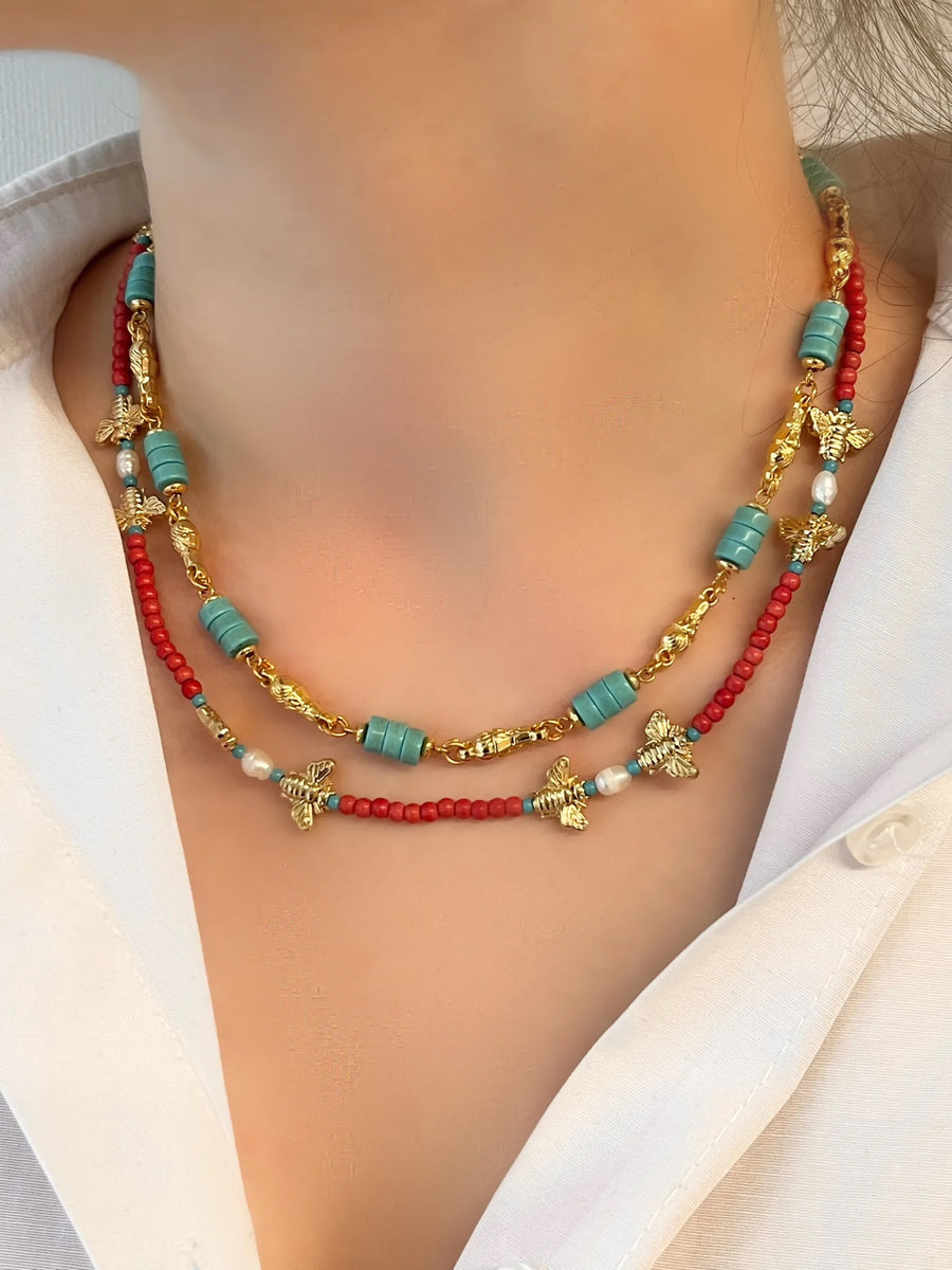 Bee Love Short Coral, Pearl & Turquoise Necklace