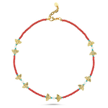 Bee Love Short Coral, Pearl & Turquoise Necklace